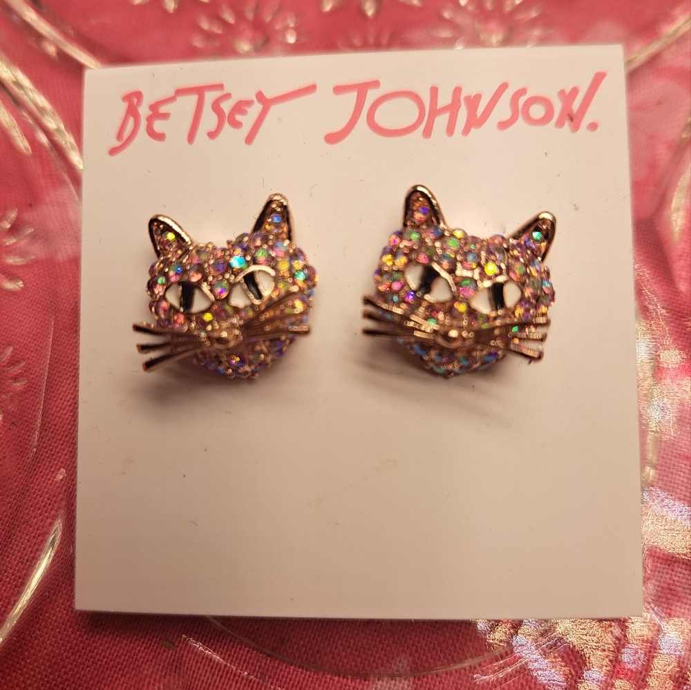 NWT Betsey Johnson Pink Cat Earrings